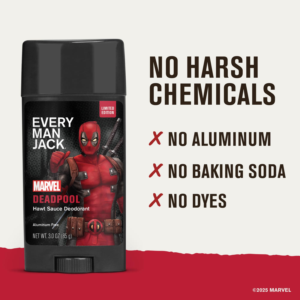 Every Man Jack Deadpool deodorant with lichen extract fights odor for daily confidence.