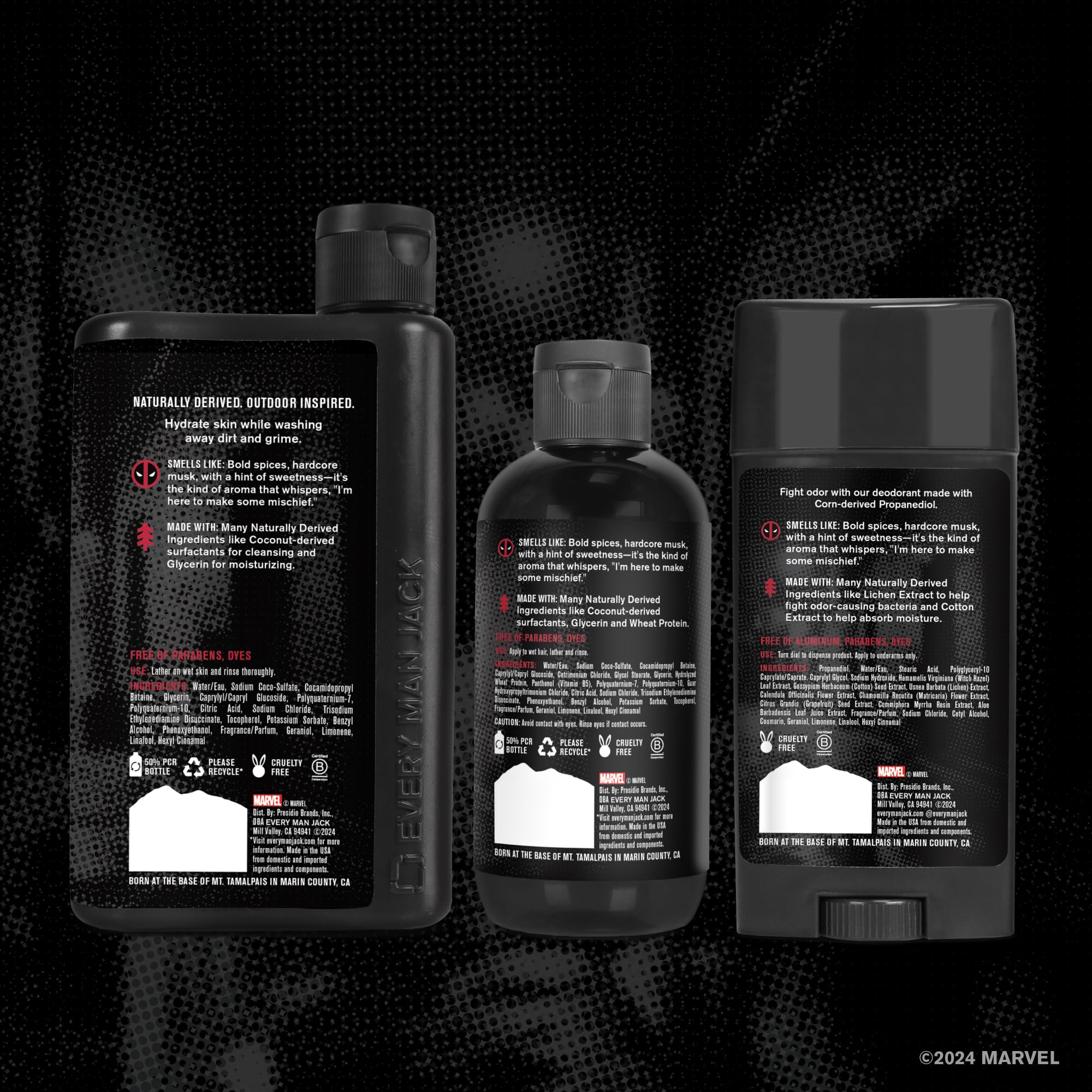 Every Man Jack Deadpool hair-and-body routine image suggests quick grooming