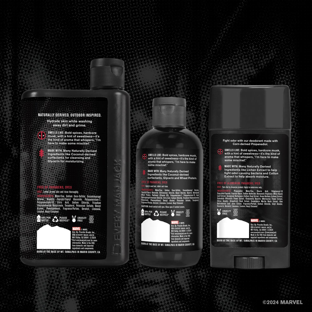 Every Man Jack Deadpool hair-and-body routine image suggests quick grooming