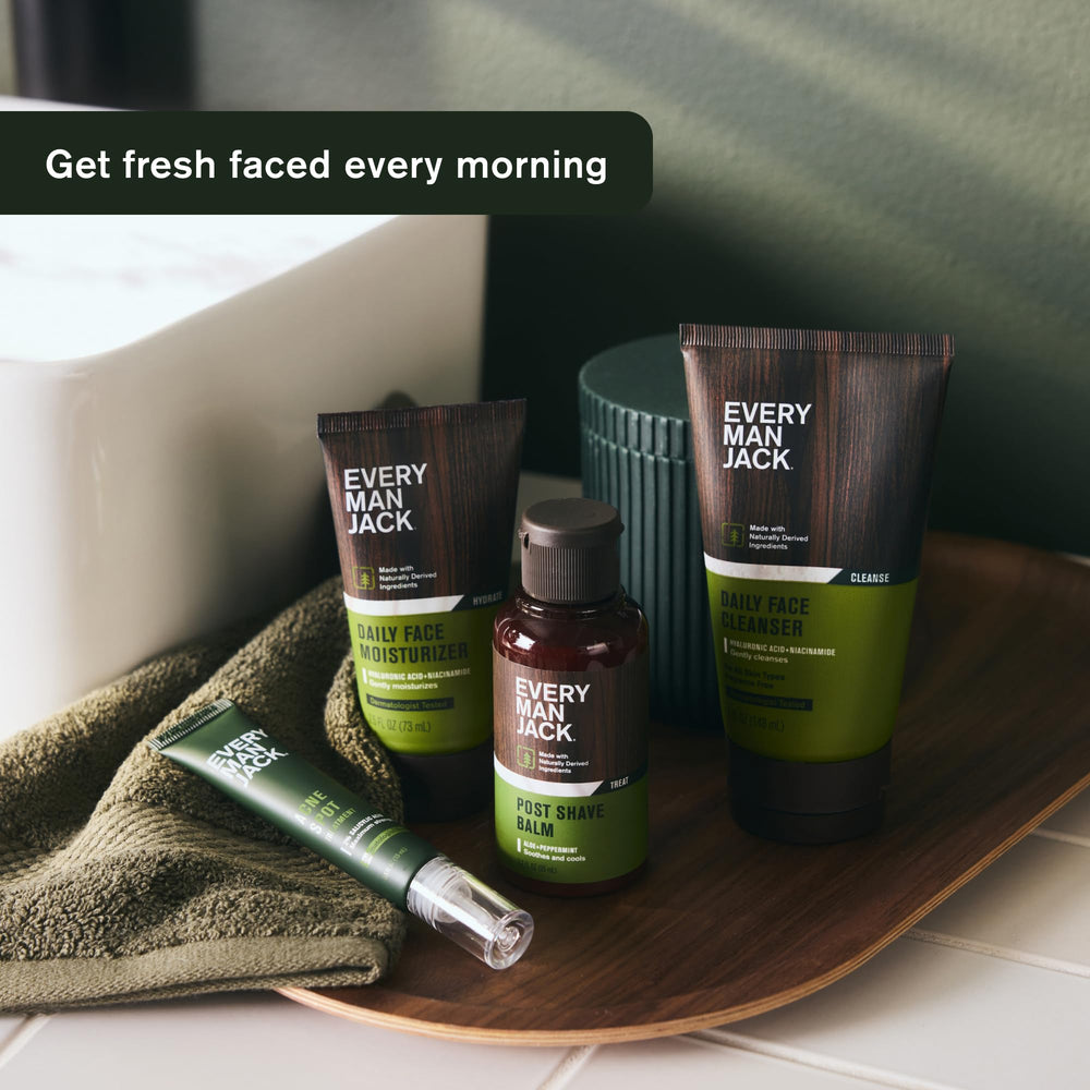 Every Man Jack fragrance-free label signals gentle, sensitive-skin friendly formula.