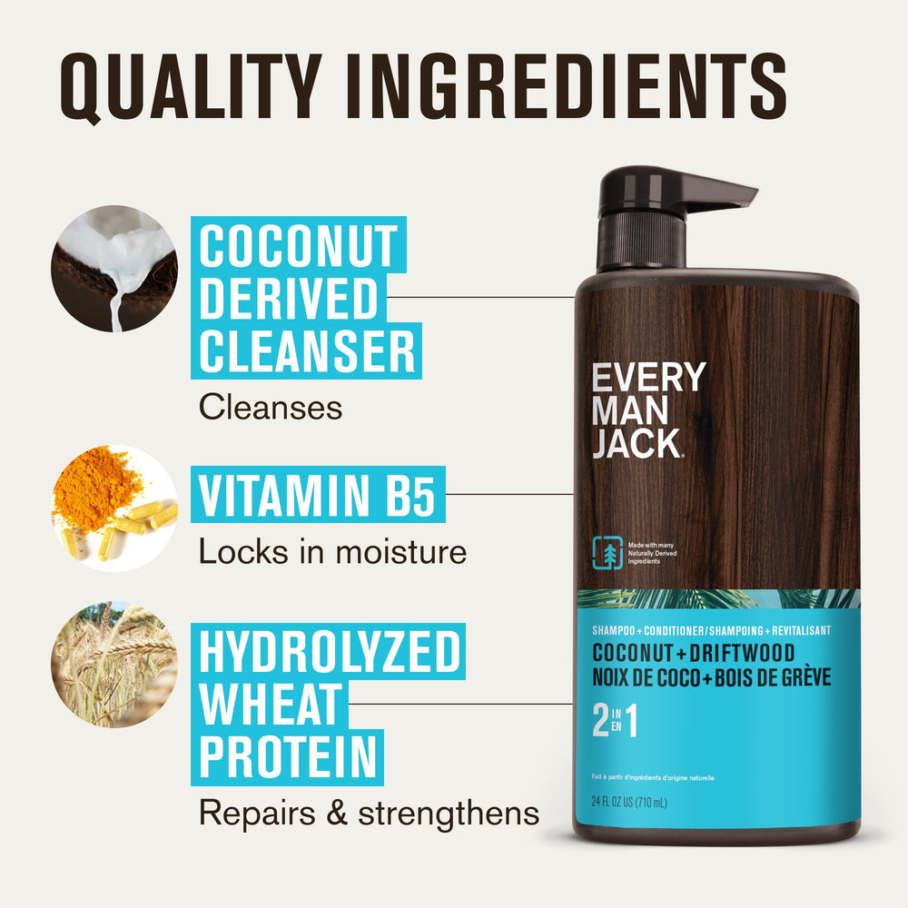 Every Man Jack fragrance-note coconut-driftwood-vanilla conveys masculine scent profile.