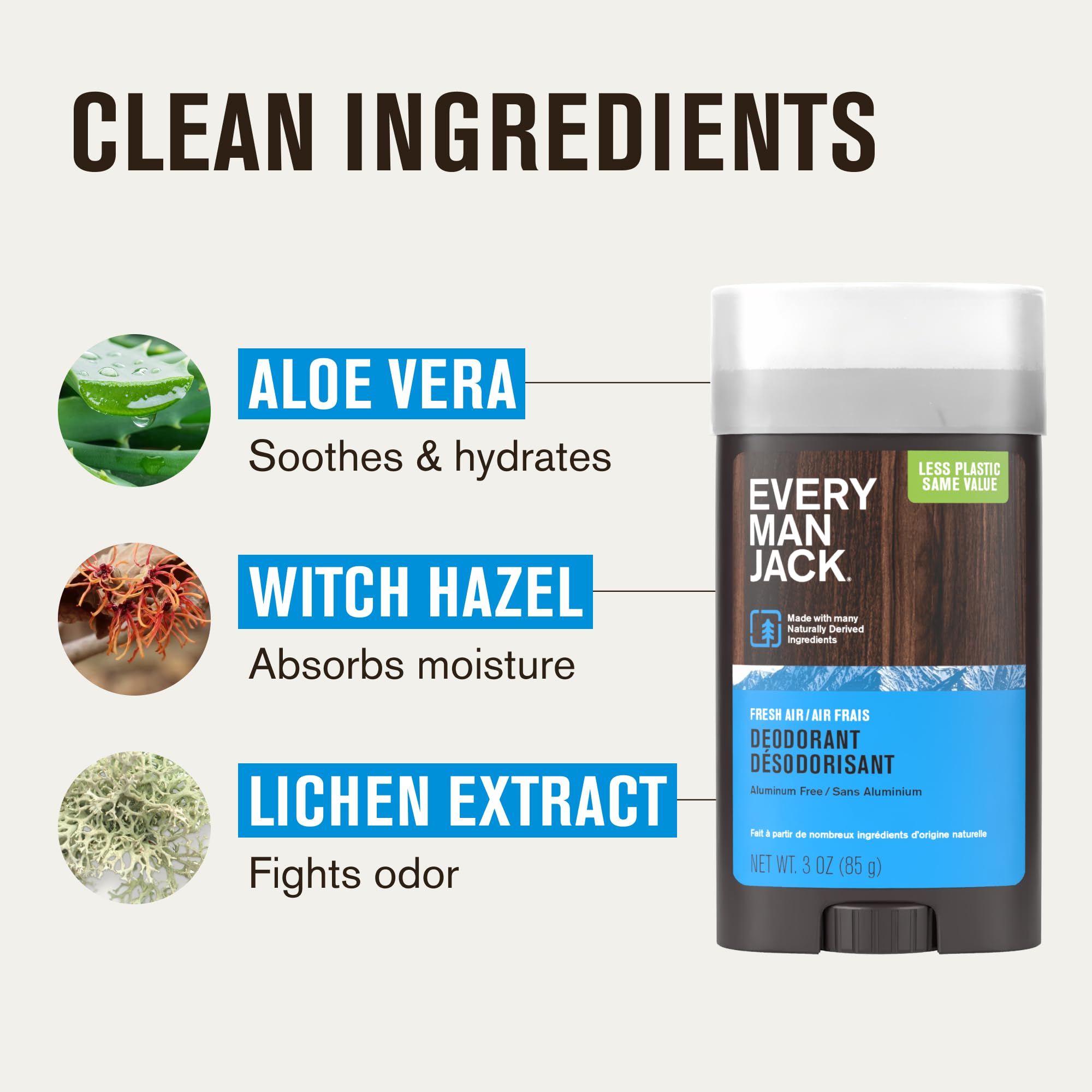 Every Man Jack Fresh Air includes corn-derived propanediol to condition the skin.