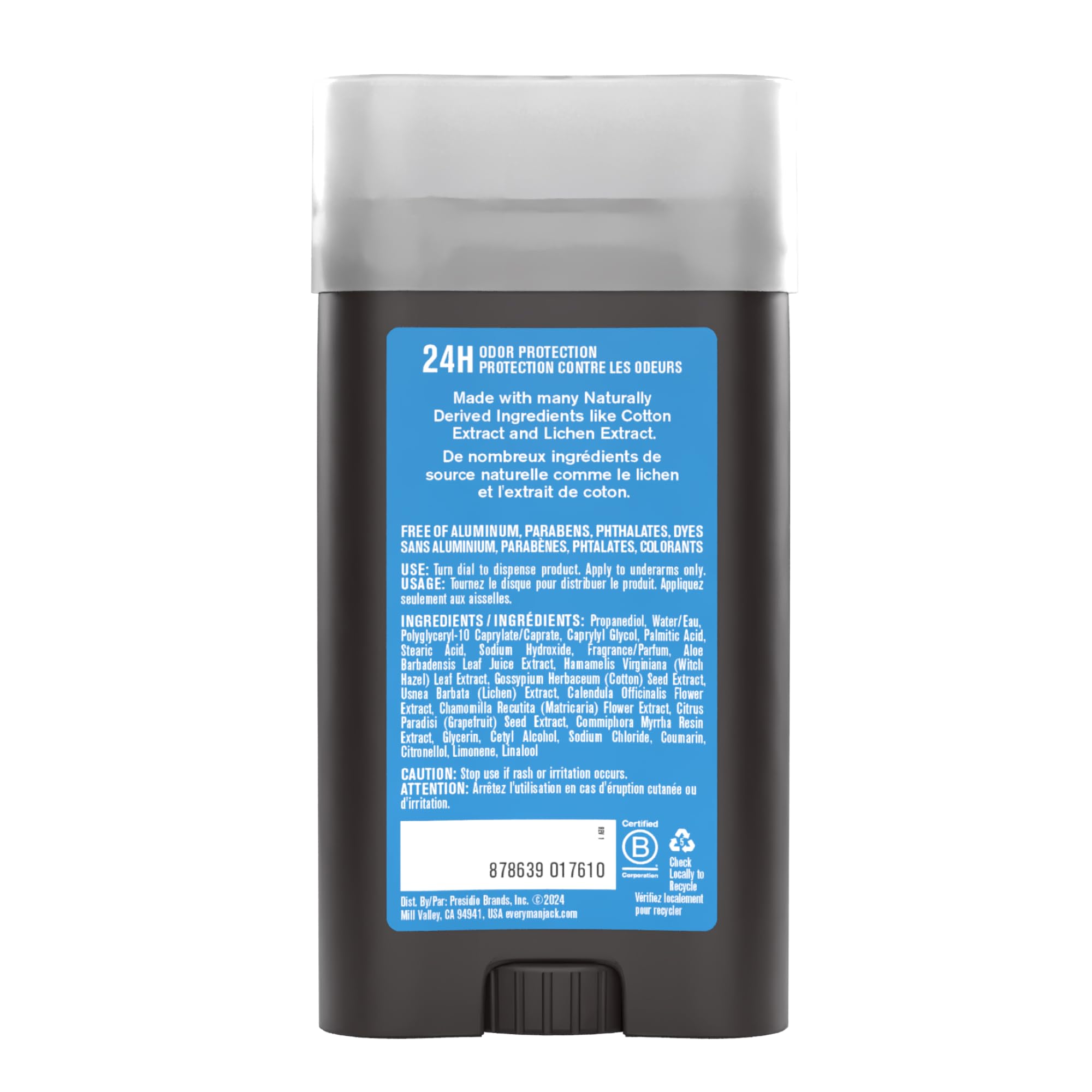 Every Man Jack Fresh Air packaging highlights aluminum-free, naturally derived formula.