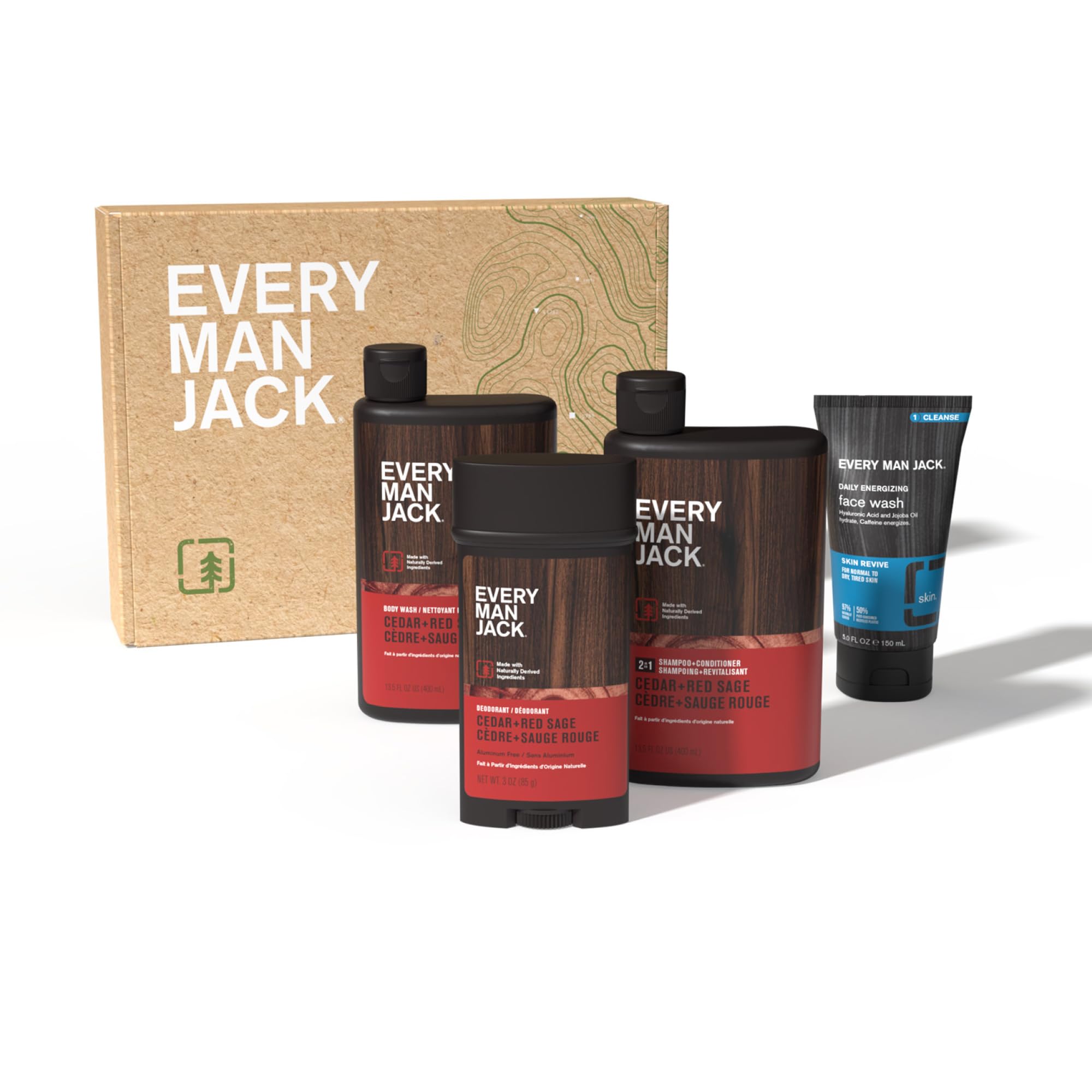 Gift-ready box from Every Man Jack, Cedar Red Sage packaging ready to wrap.