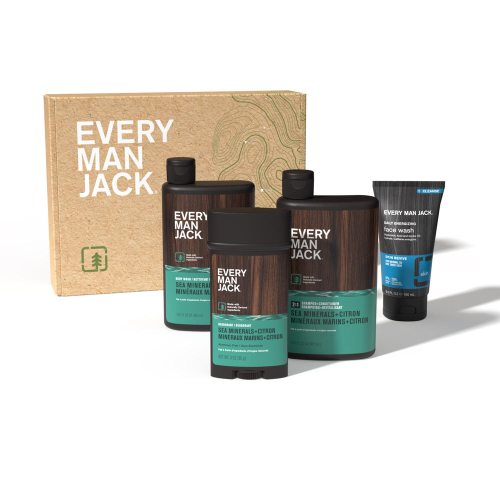 Every Man Jack grooming routine scene features body wash and deodorant
