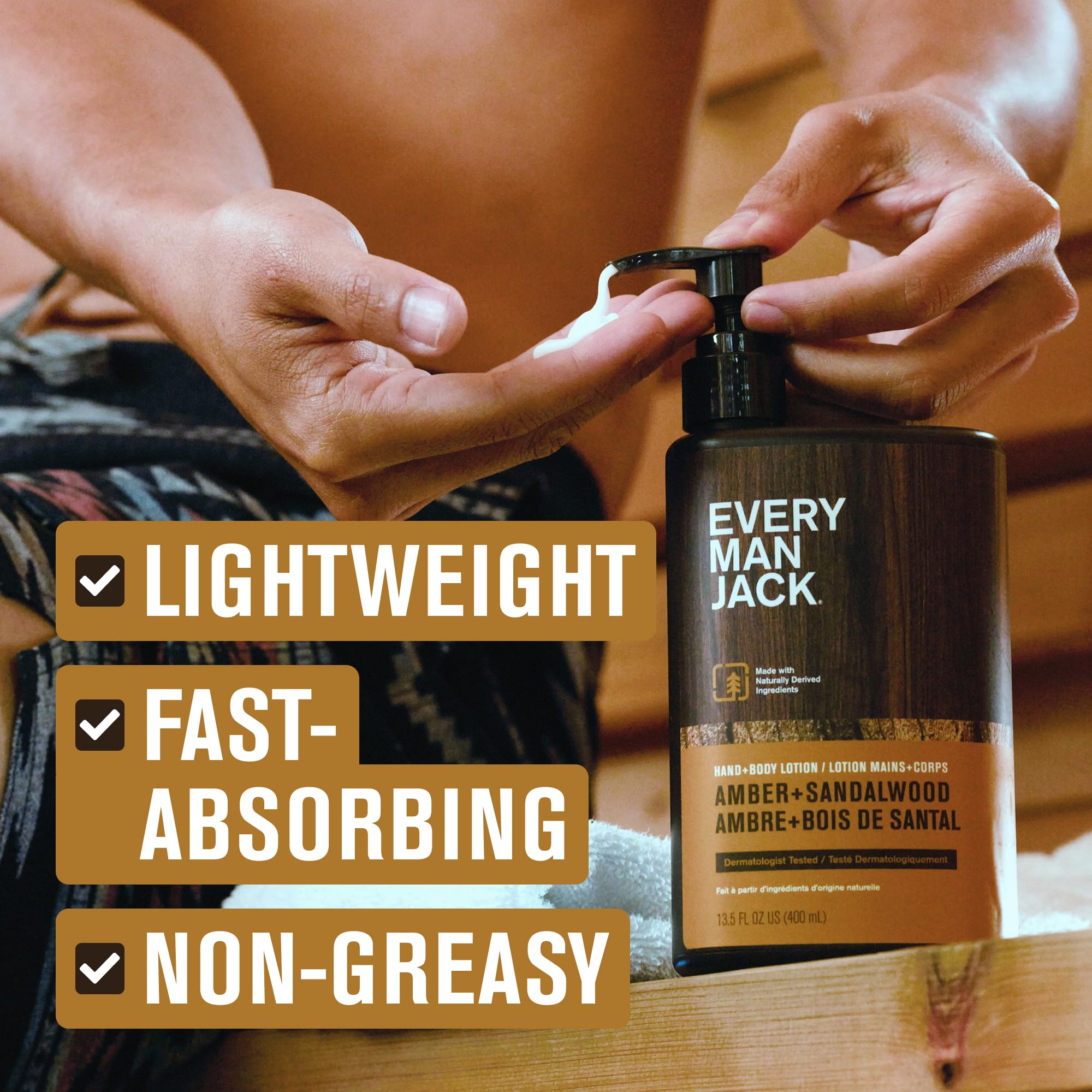 Every Man Jack amber sandalwood lotion scent with sandalwood and vetiver.