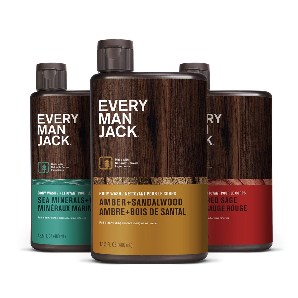 Every Man Jack Made-In-US badge accompanies premium body wash.
