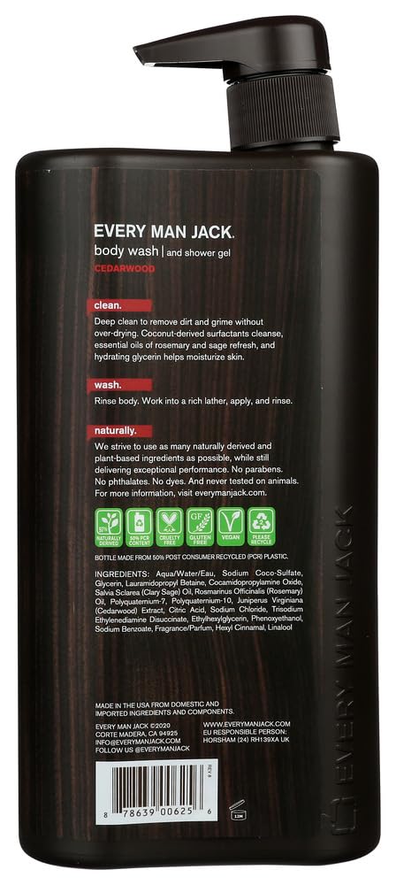 Every Man Jack body wash lathers into rich foam with masculine cedar scent