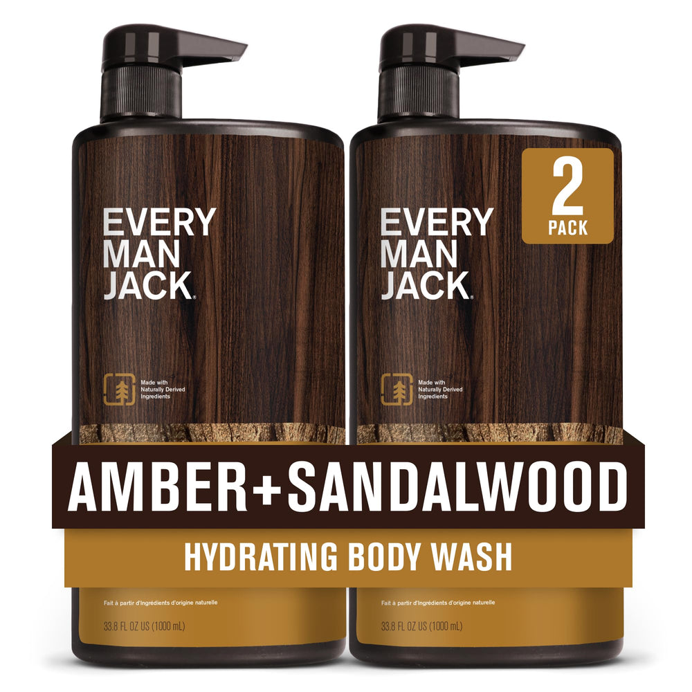 Every Man Jack Nourishing Amber + Sandalwood bottle front communicates two-pack value for daily cleansing.