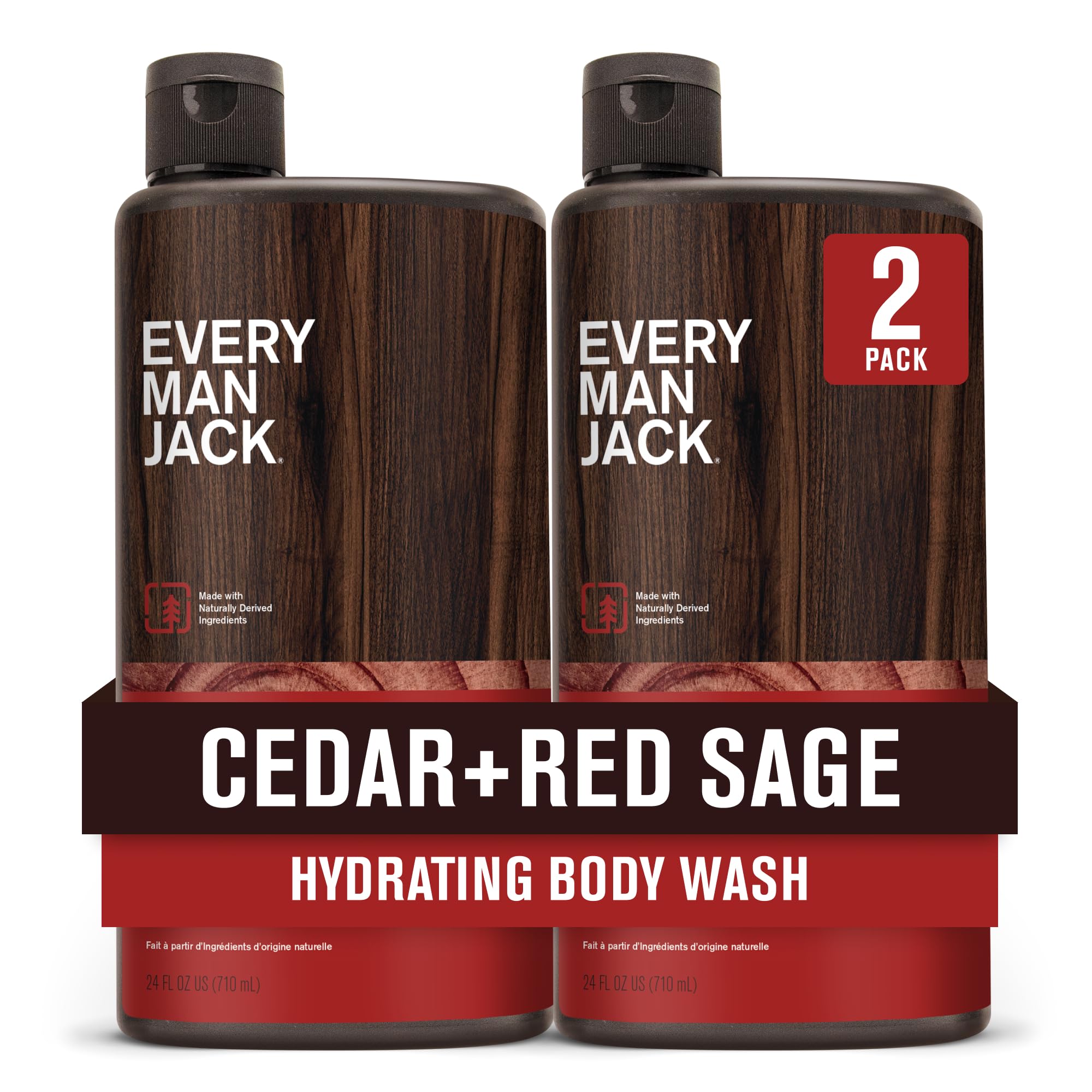 Every Man Jack Nourishing Cedar Red Sage body wash bottle demonstrates a refreshing cleanse for all skin types.