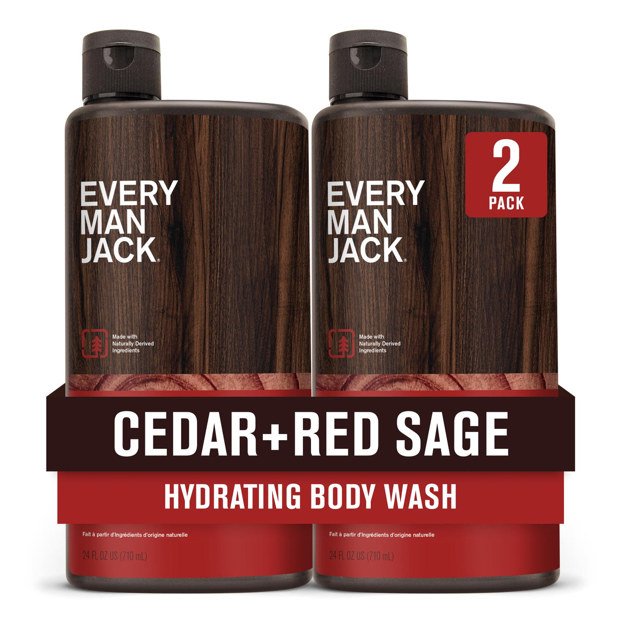 Every Man Jack Nourishing Cedar Red Sage body wash bottle demonstrates a refreshing cleanse for all skin types.