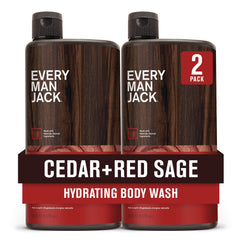 Every Man Jack Nourishing Cedar Red Sage body wash bottle demonstrates a refreshing cleanse for all skin types.