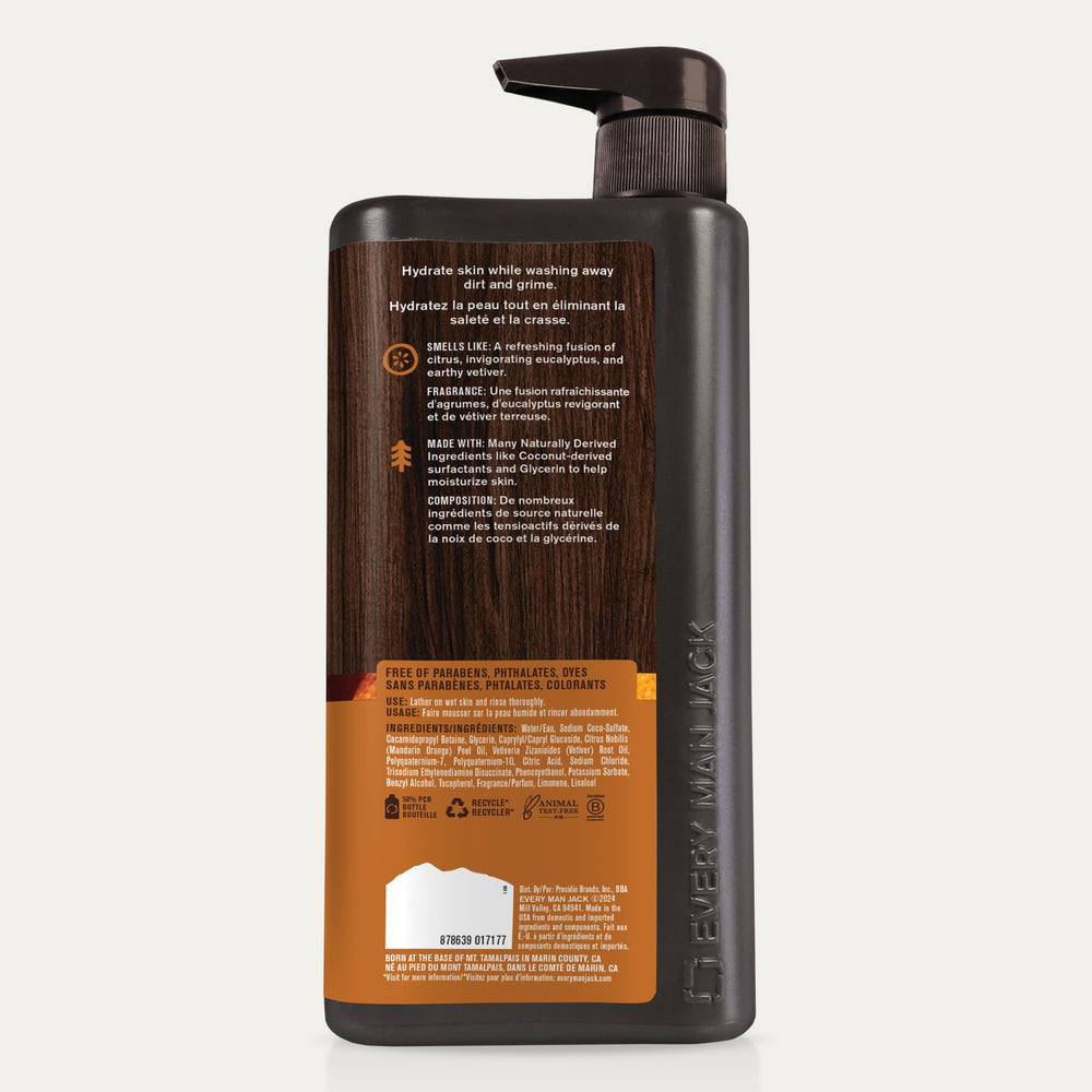 Every Man Jack Nourishing Citrus Eucalyptus ingredients closeup highlighting coconut-derived surfactants