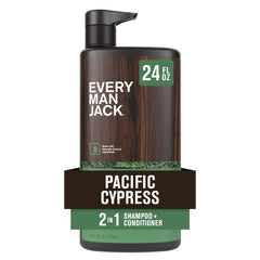 Every Man Jack Pacific Cypress 2in1 bottle demonstrates convenient all-in-one cleansing.