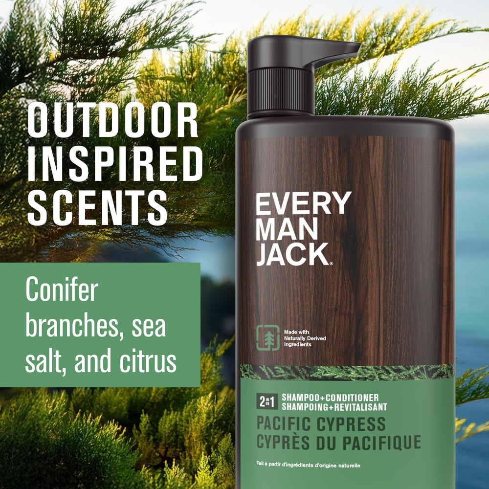 Every Man Jack Pacific Cypress conditioner rinse shows smooth conditioning in one step.