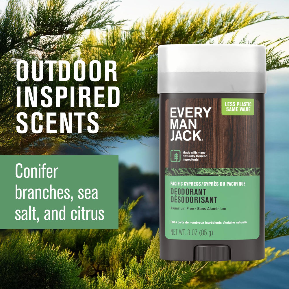 Every Man Jack Pacific Cypress deodorant packaging front displays twin-pack convenience.