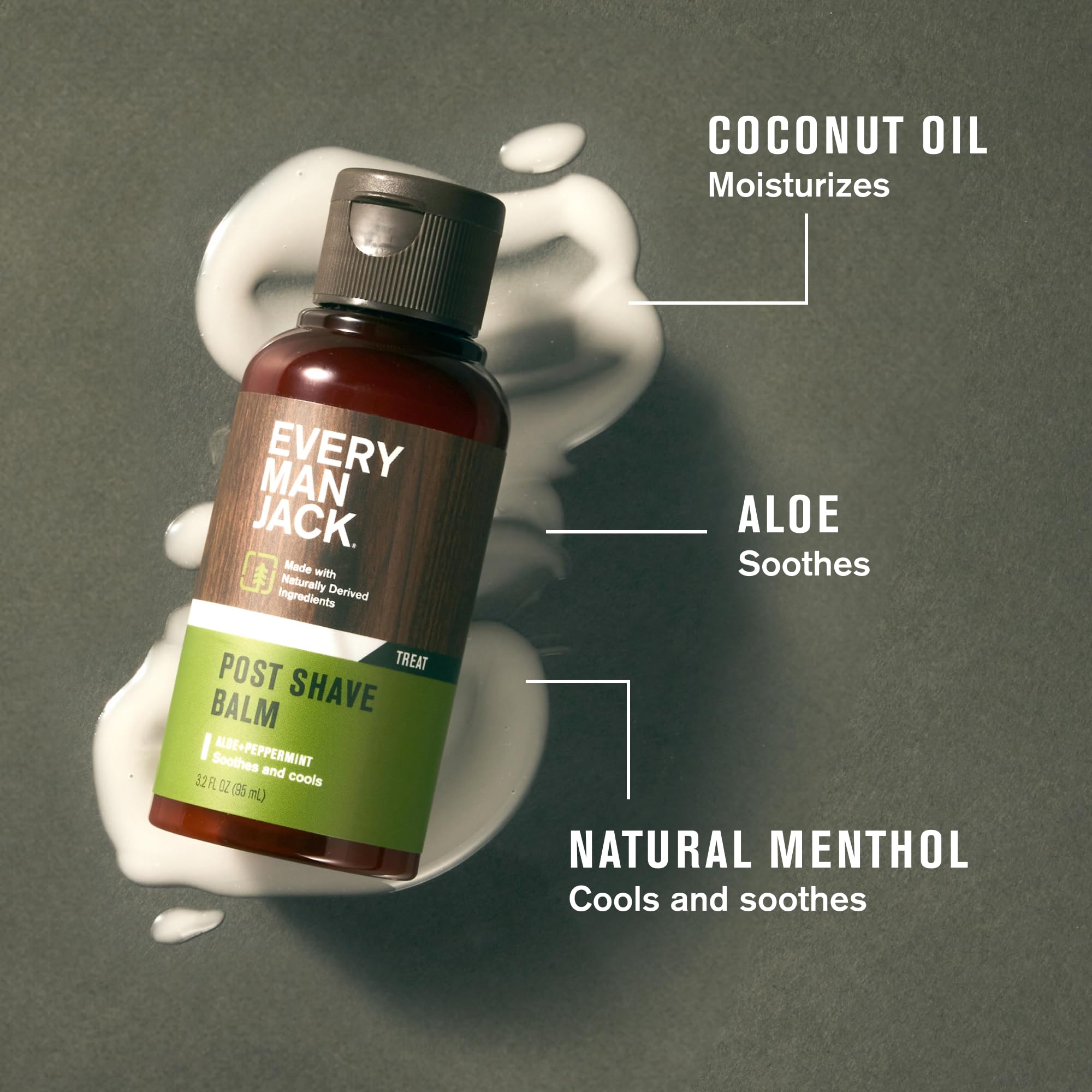 Every Man Jack Post Shave Balm uses Coconut Oil to moisturize deeply and quickly.