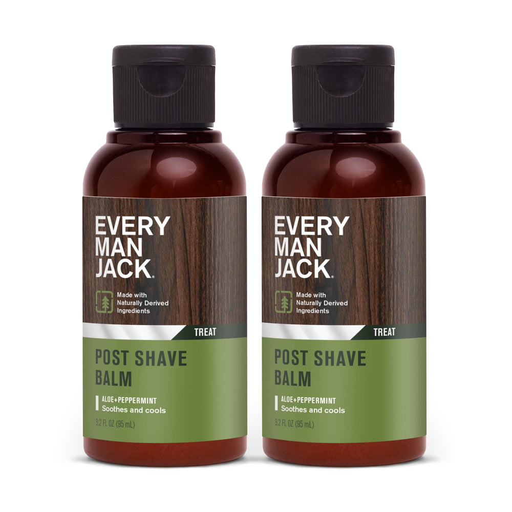 Every Man Jack Post Shave Balm cools irritated skin with menthol during post-shave ritual.