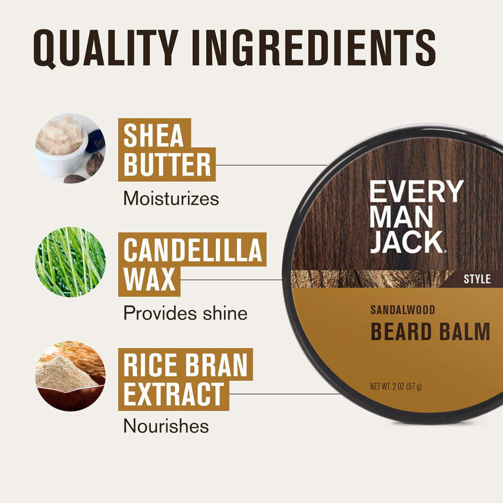 Every Man Jack sandalwood beard balm with candelilla wax emphasizes styling with medium hold.