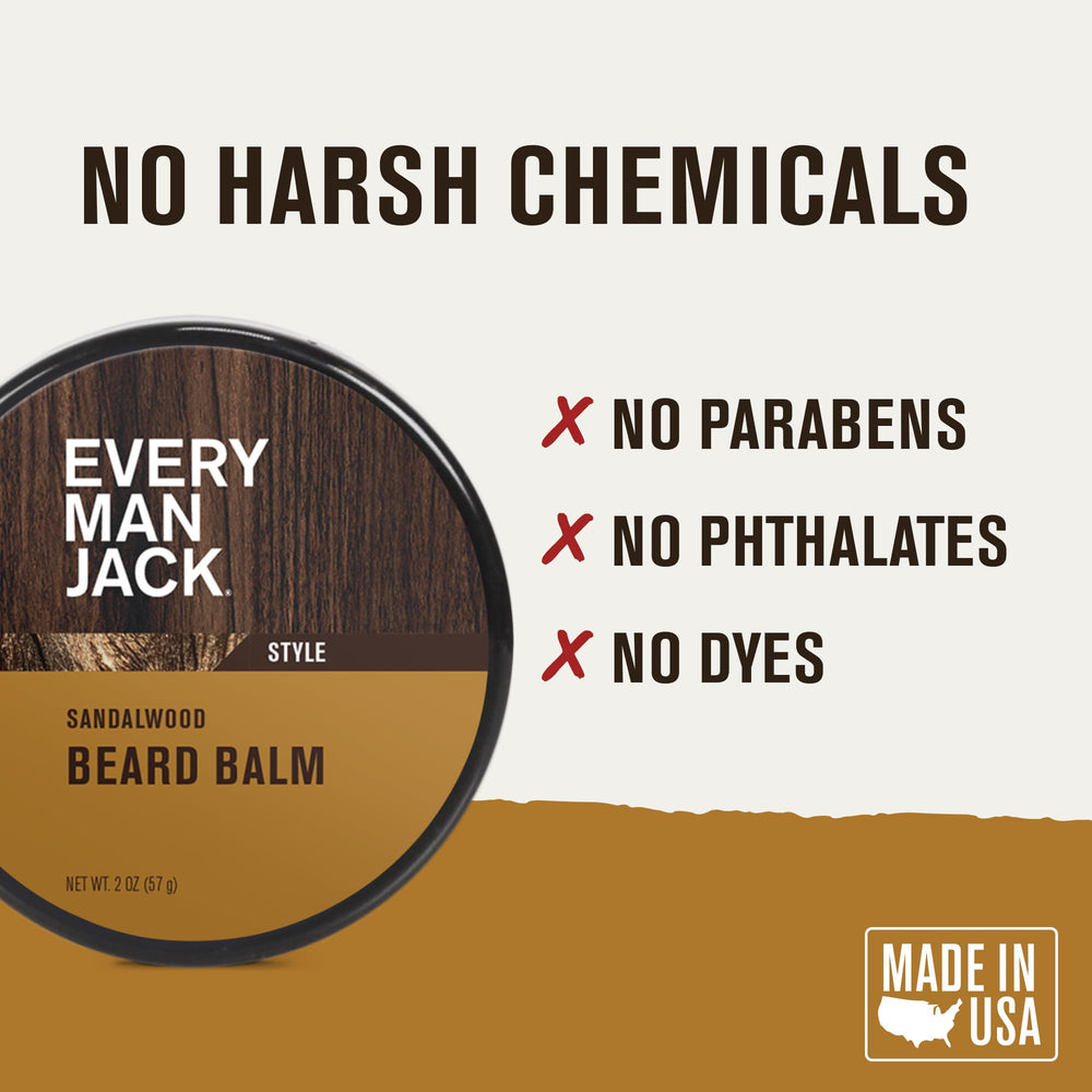 Every Man Jack sandalwood beard balm with shea butter highlights deep beard moisturization.