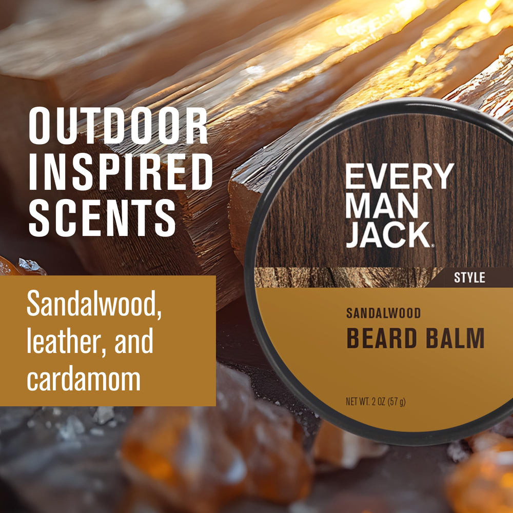 Every Man Jack sandalwood beard balm scoop demonstrates easy application and consistency.