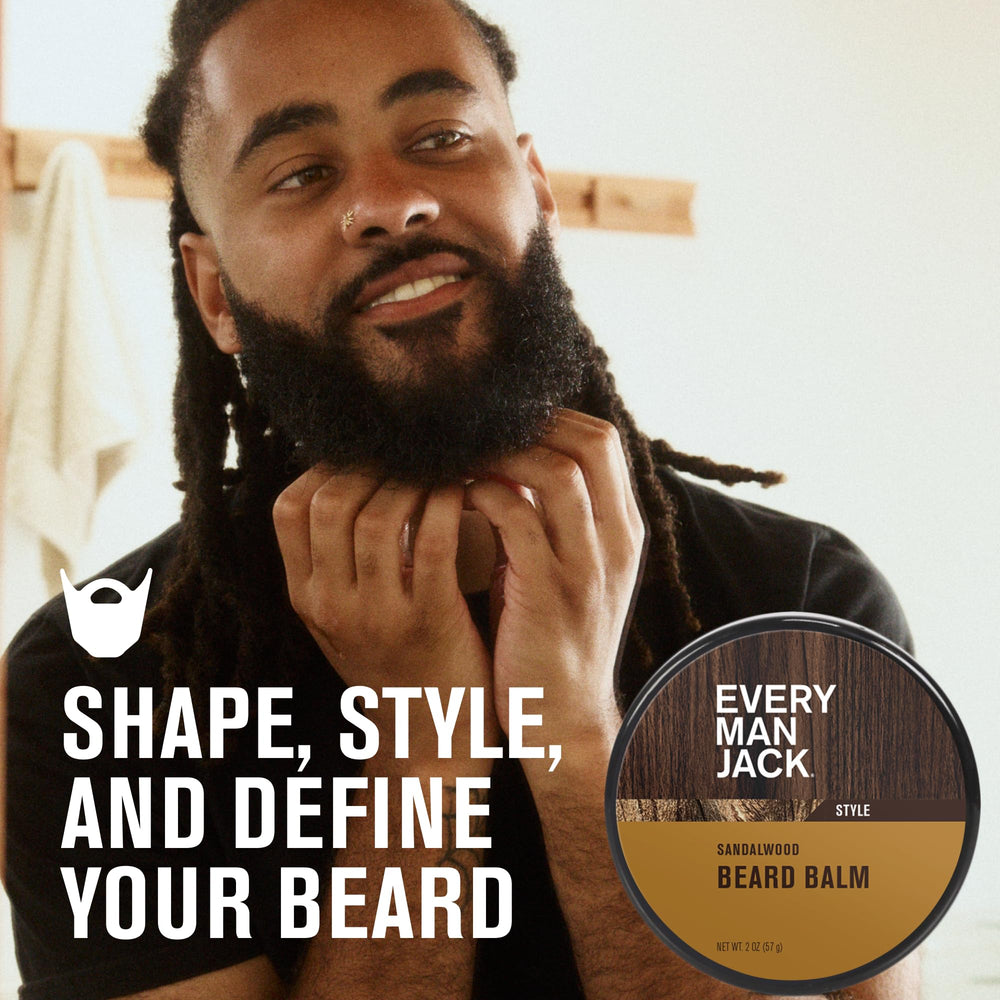 Every Man Jack Sandalwood Beard Balm tube close-up highlighting moisturization and smoothness