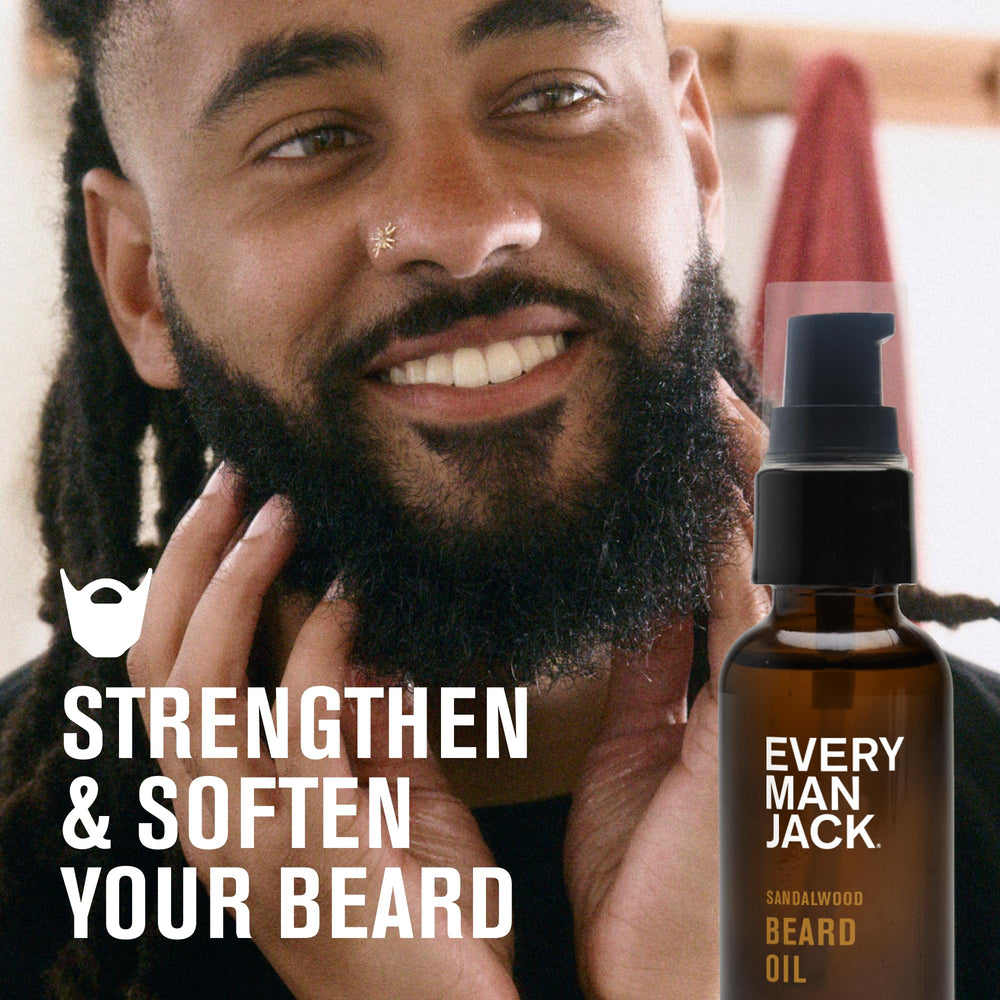 Every Man Jack Sandalwood Beard Oil 2-pack on display for convenient grooming