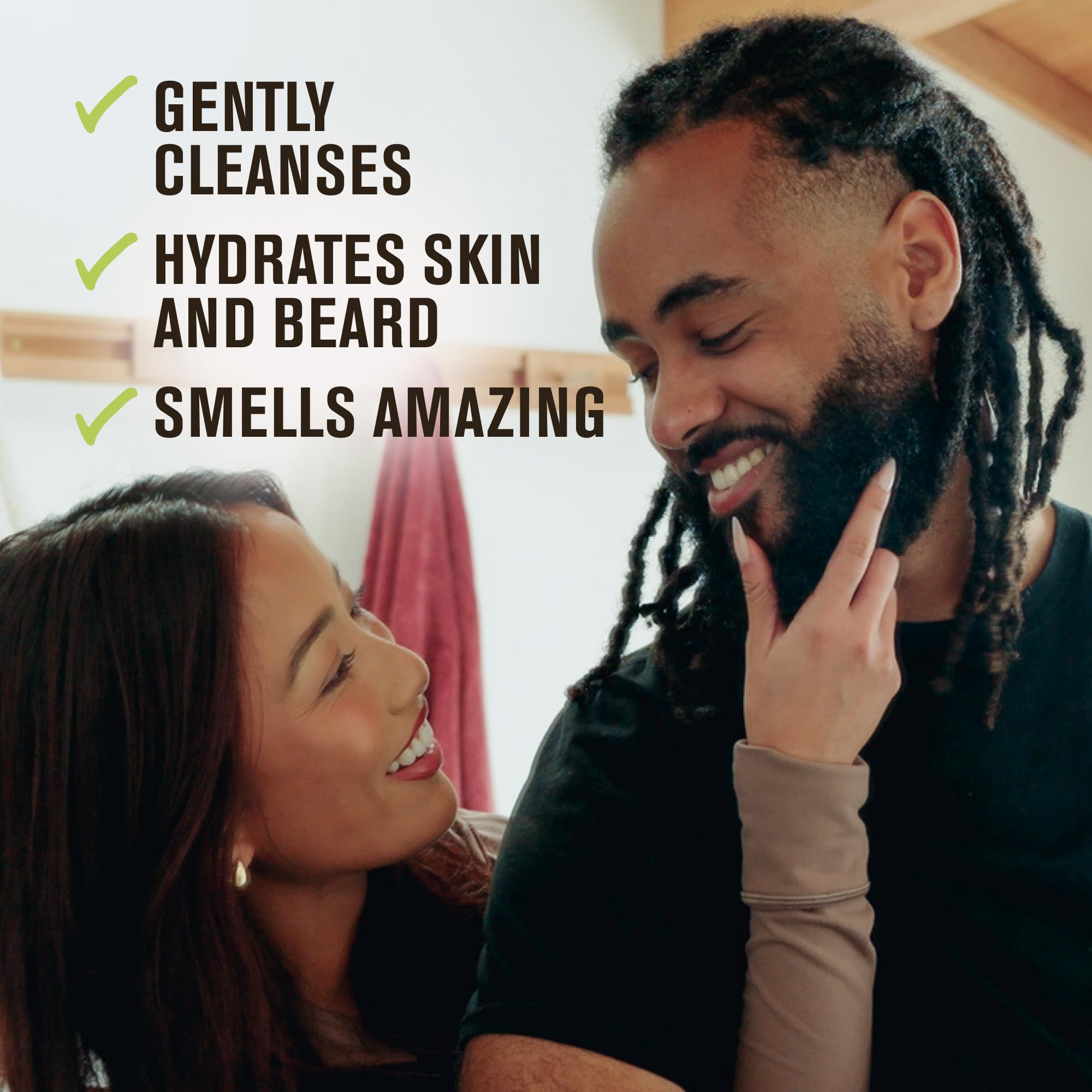 Every Man Jack Sandalwood Beard Wash label closeup highlights natural ingredients and trusted US-made quality.