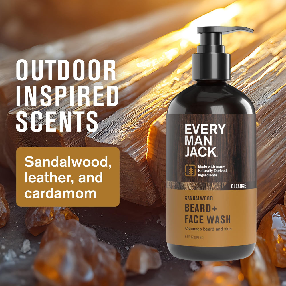 Every Man Jack Sandalwood Beard Wash lather closeup highlights creamy foam and coconut surfactants.