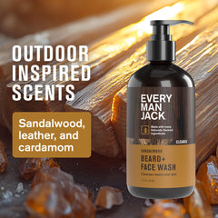 Every Man Jack Sandalwood Beard Wash lather closeup highlights creamy foam and coconut surfactants.