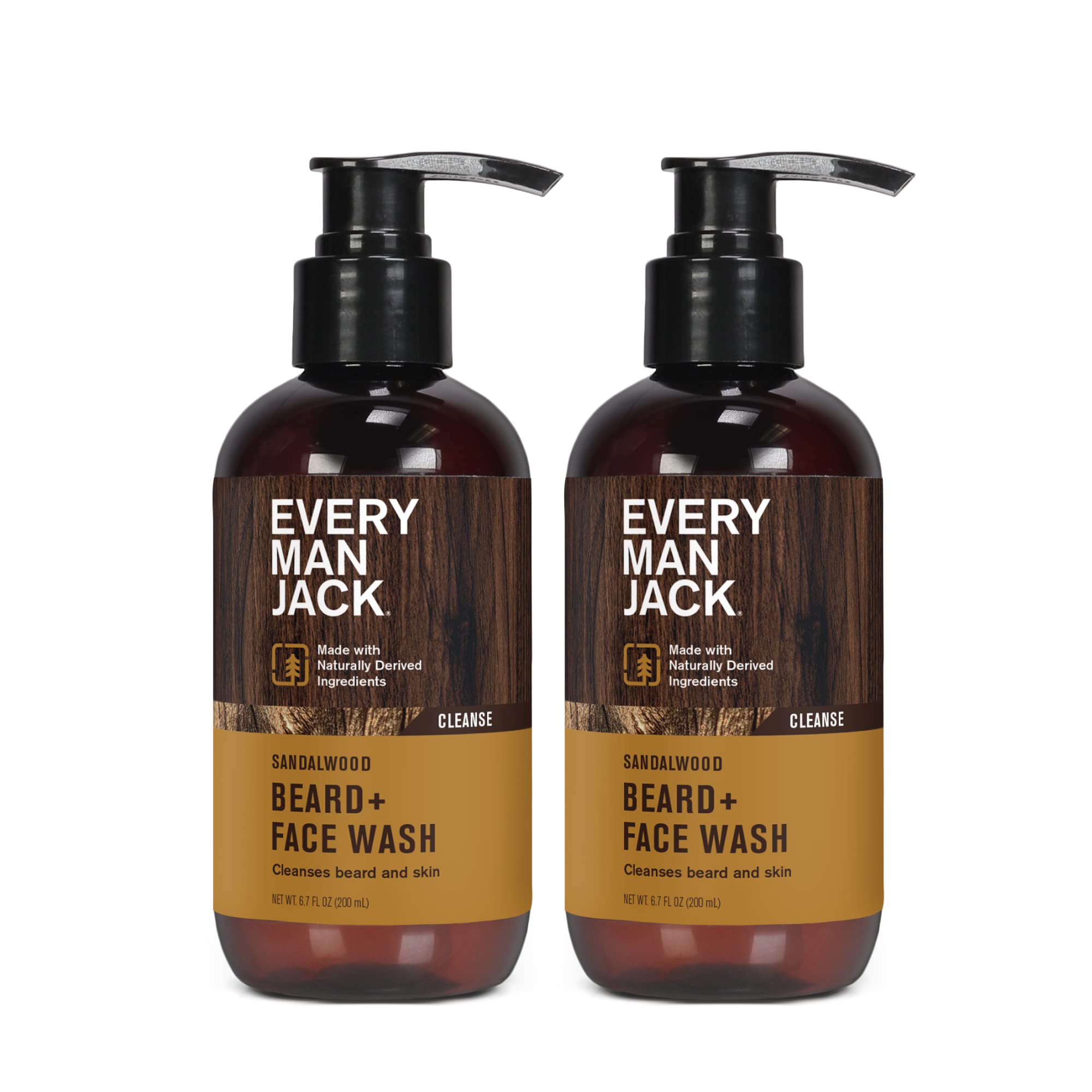Every Man Jack Sandalwood Beard Wash packaging visuals reinforce rugged grooming for daily use.