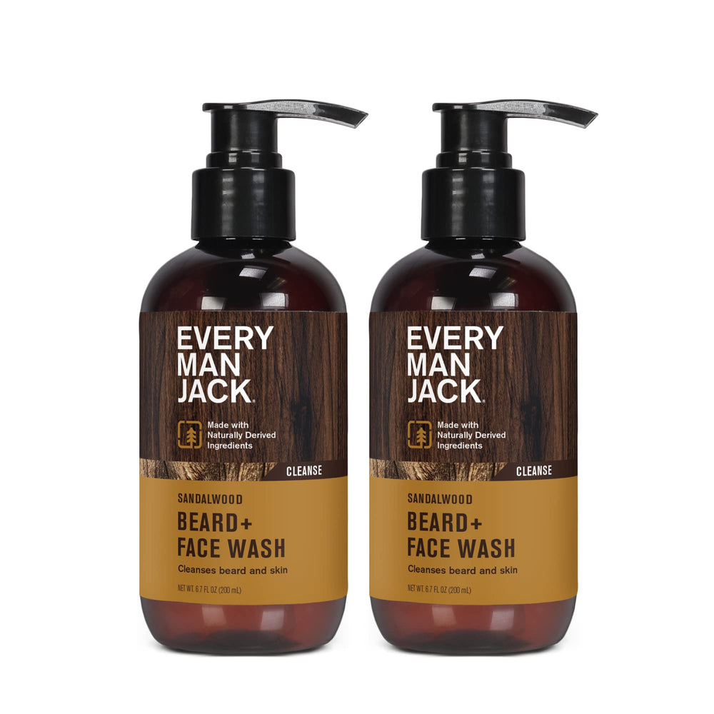 Every Man Jack Sandalwood Beard Wash packaging visuals reinforce rugged grooming for daily use.
