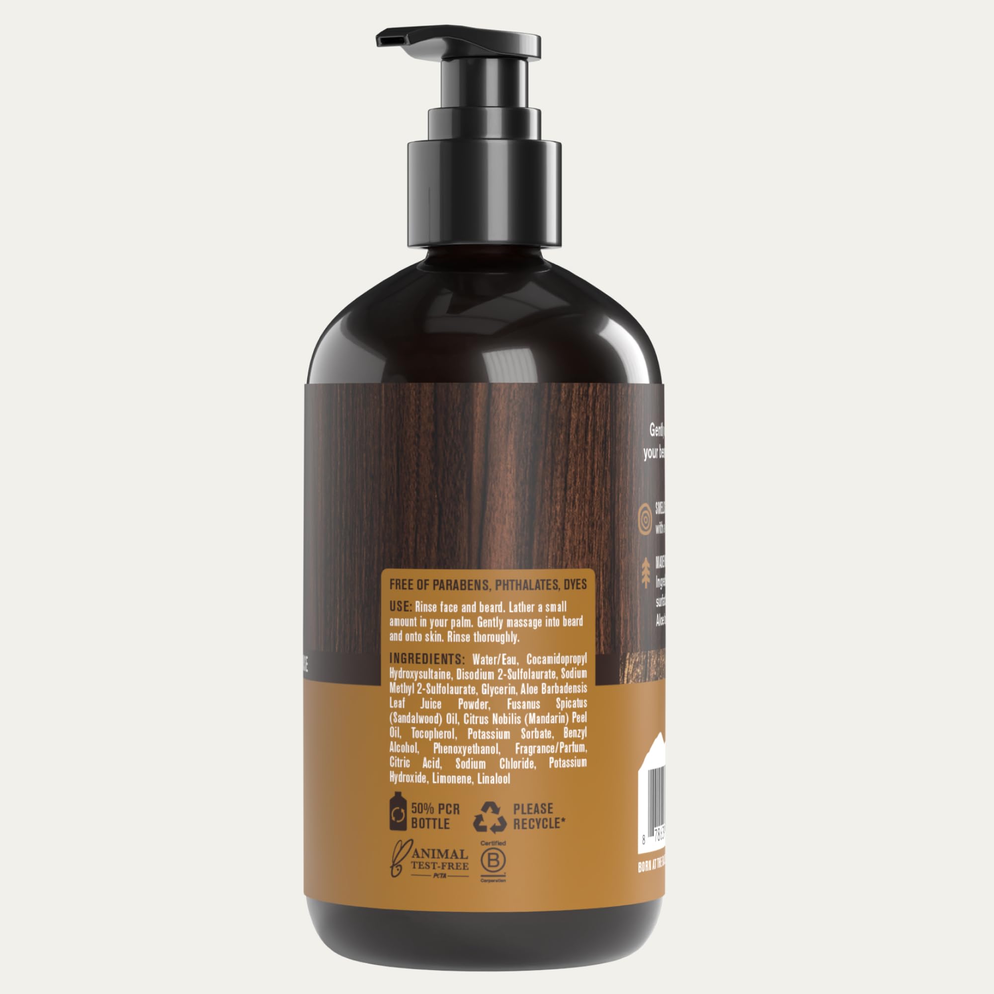 Every Man Jack Sandalwood Beard Wash scent profile image conveys warm spice and wood notes.