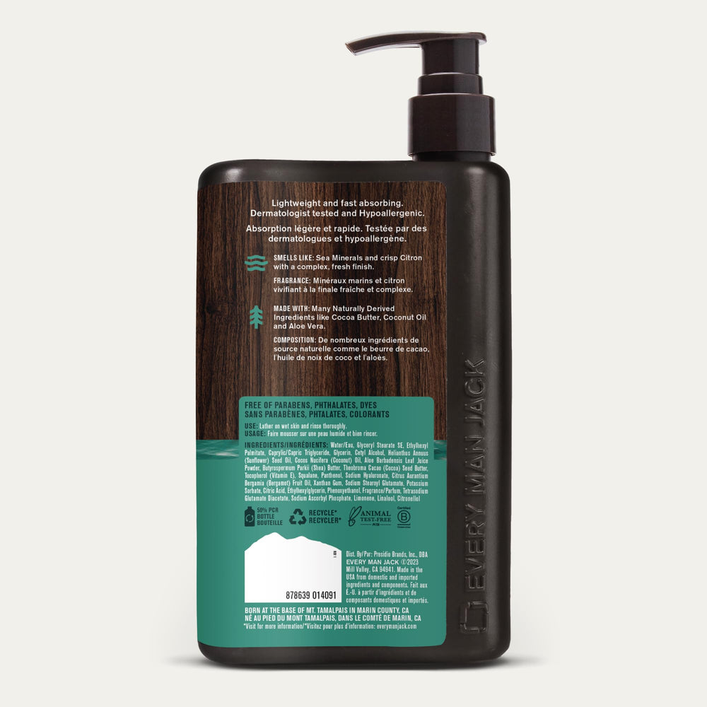 Every Man Jack Sea Minerals Citron lotion bottle being poured for easy application.