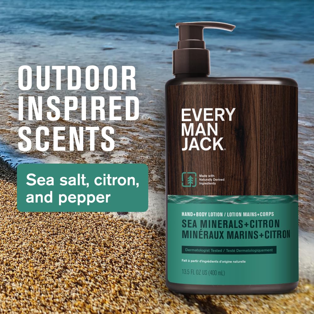Every Man Jack Sea Minerals Citron lotion ingredients panel with Aloe Vera, Coconut Oil, Cocoa Butter.
