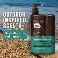 Every Man Jack Sea Minerals Citron lotion ingredients panel with Aloe Vera, Coconut Oil, Cocoa Butter.