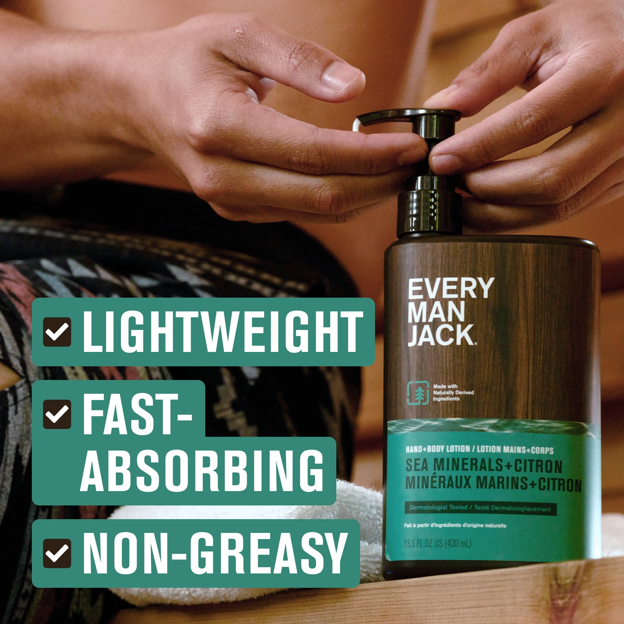 Every Man Jack Sea Minerals Citron lotion texture shot indicating fast-absorbing finish.
