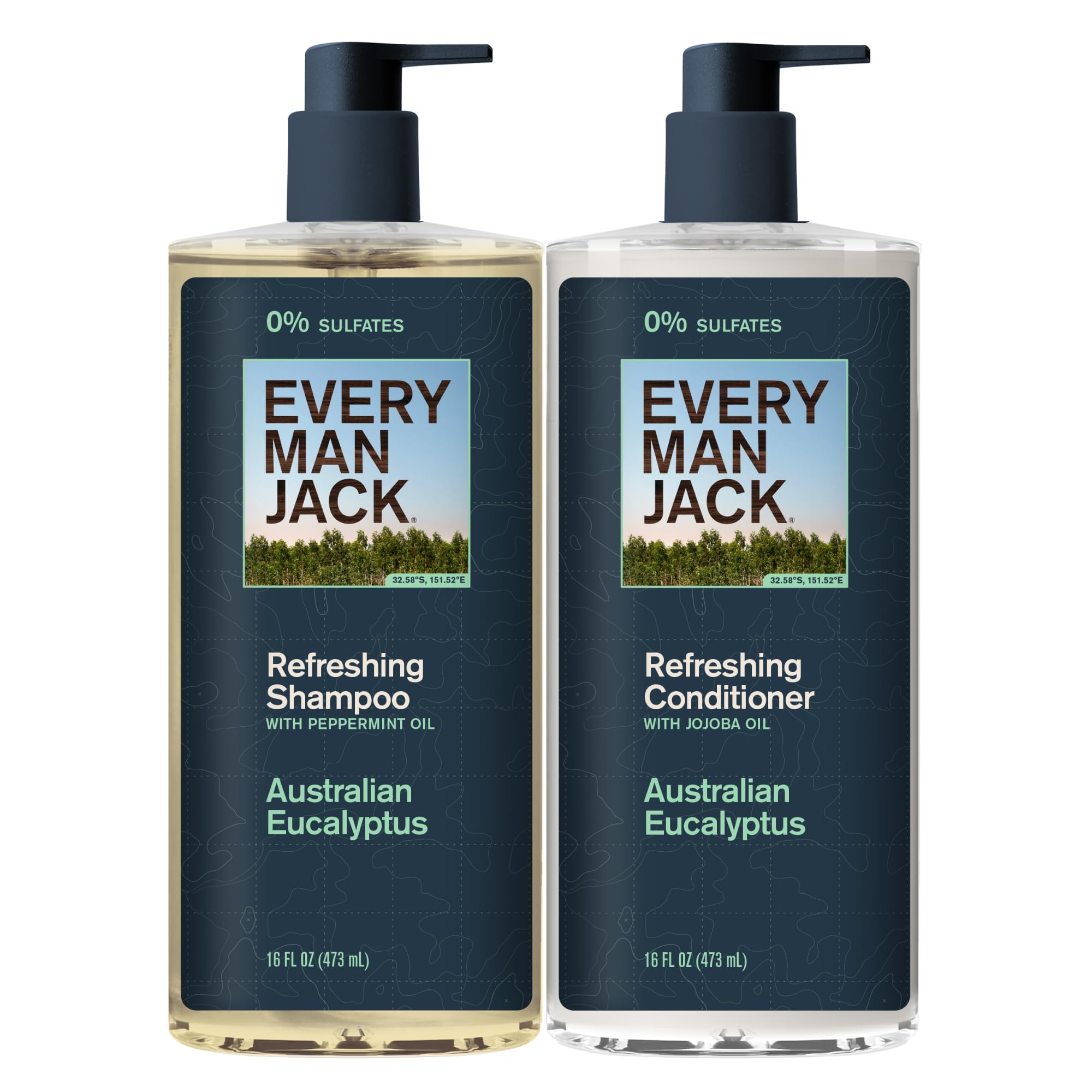 Every Man Jack shampoo bottle with Australian eucalyptus scent for an invigorating cleanse