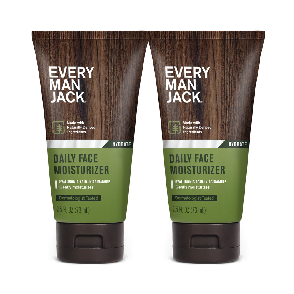 Every Man Jack skincare 3-step regimen visual featuring wash, scrub, hydrate sequence.
