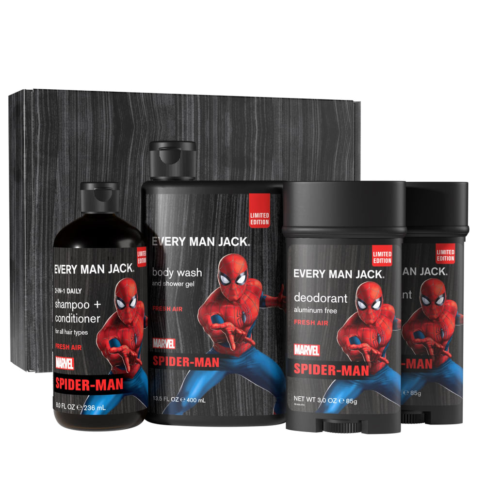 Every Man Jack Spider-Man body wash bottle offers refreshing daily cleanse.
