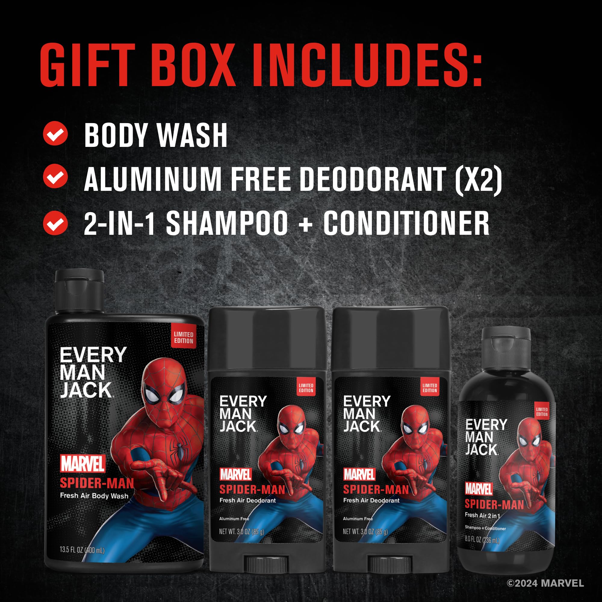 Every Man Jack Spider-Man deodorant 2-pack with long-lasting scent.