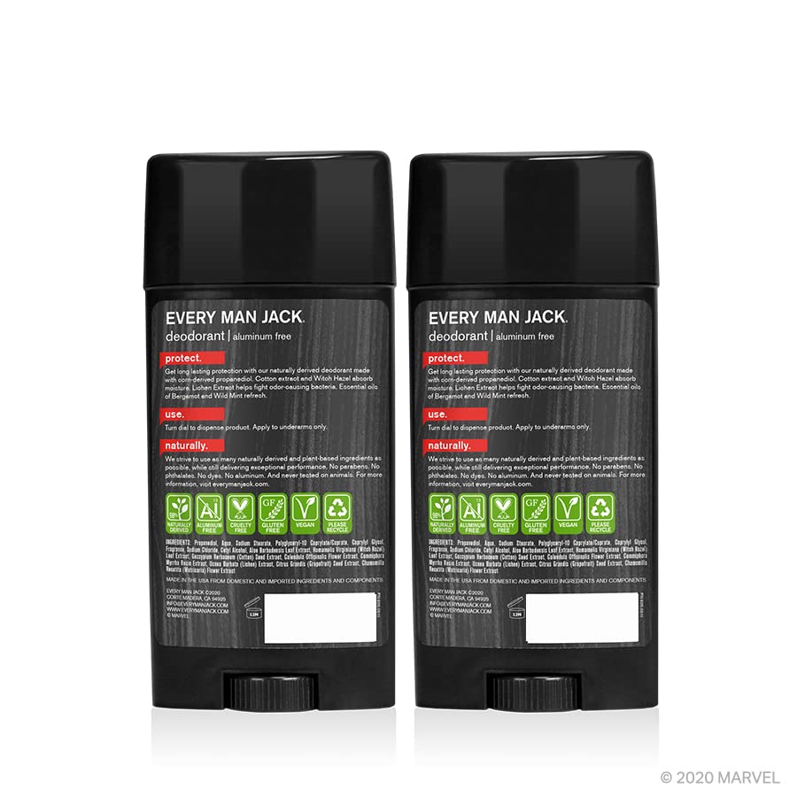 Every Man Jack Spider-Man Deodorant label highlights odor-control ingredients like lichen extract.