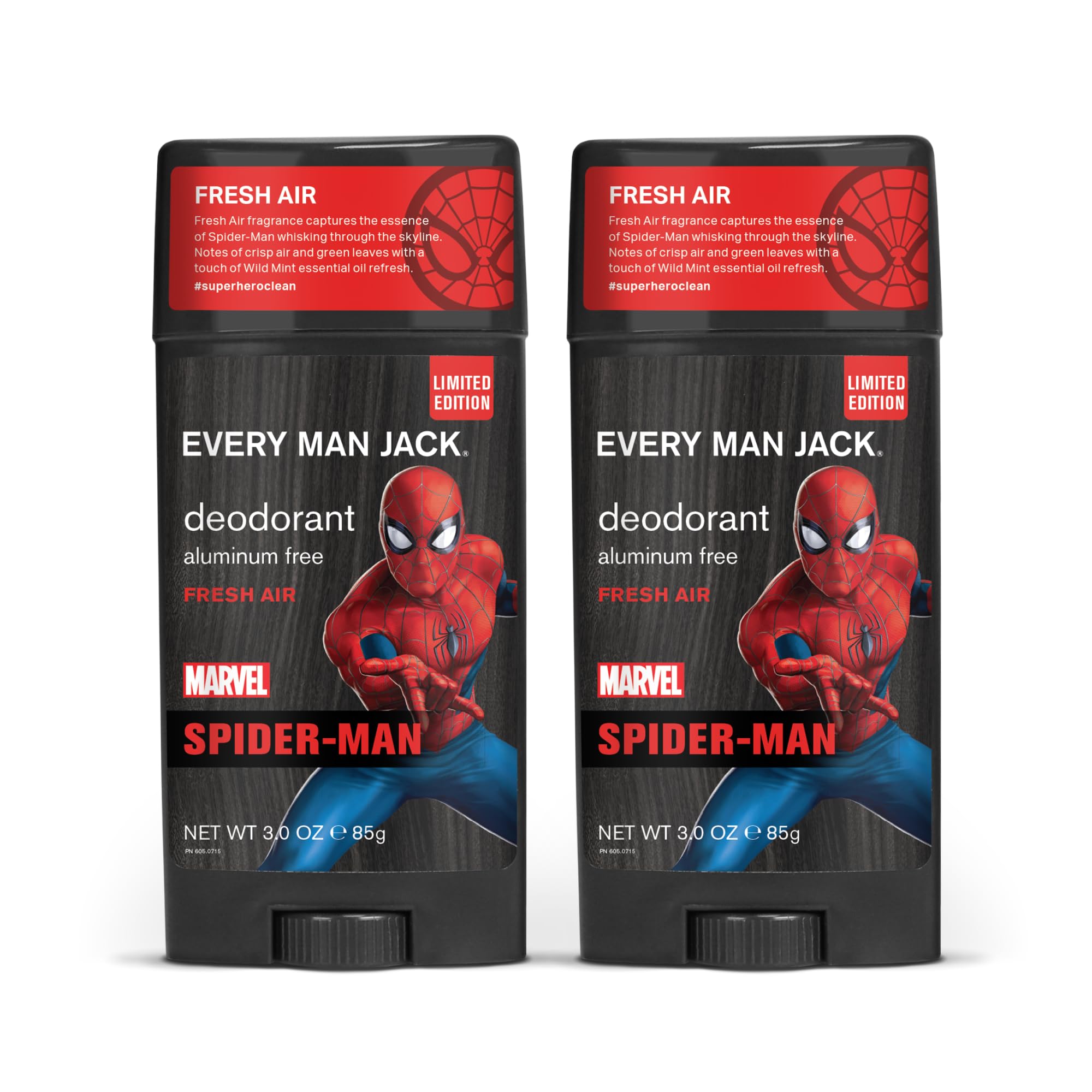 Every Man Jack Spider-Man Deodorant twin pack front view for long-lasting freshness during workouts.