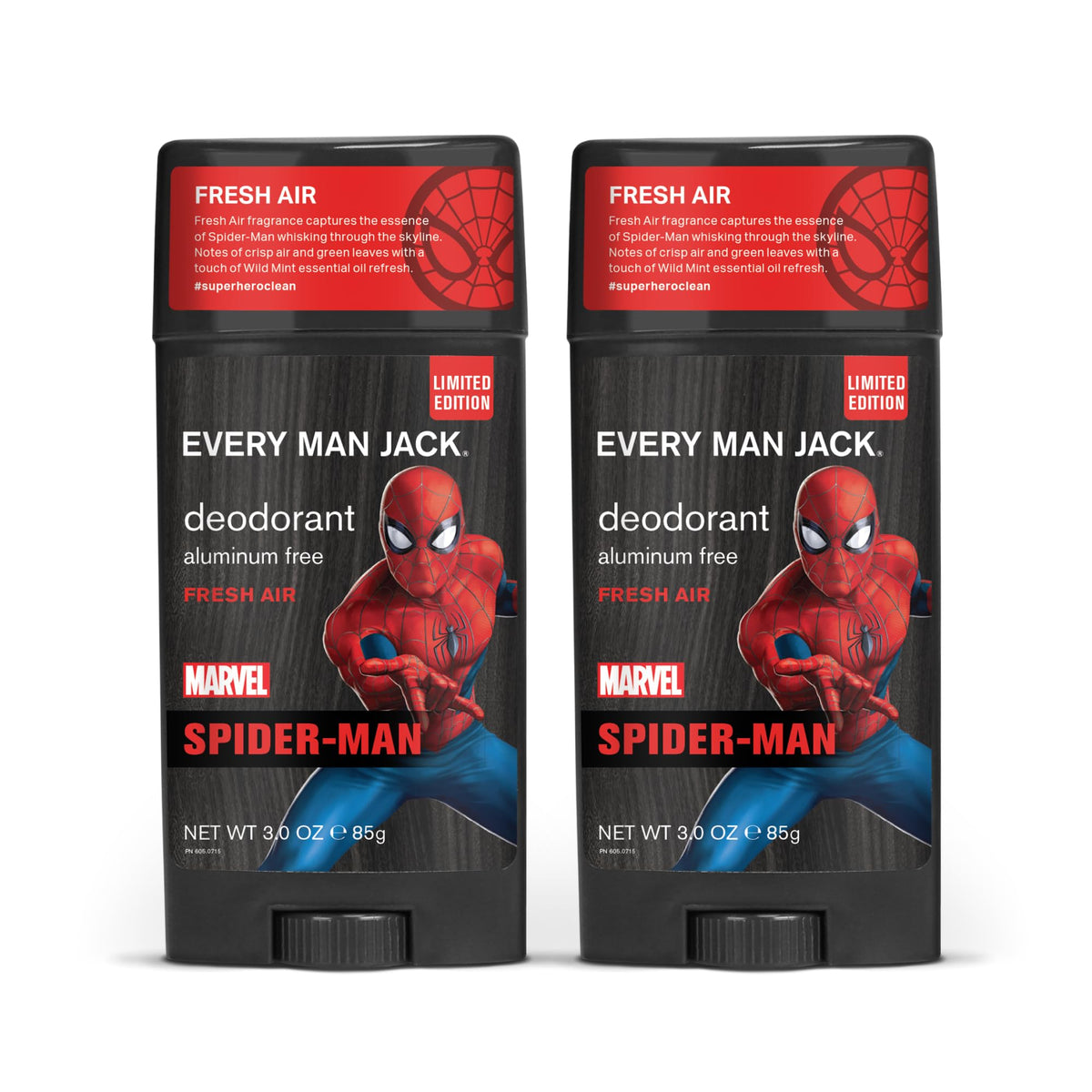 Every Man Jack Spider-Man Deodorant twin pack front view for long-lasting freshness during workouts.