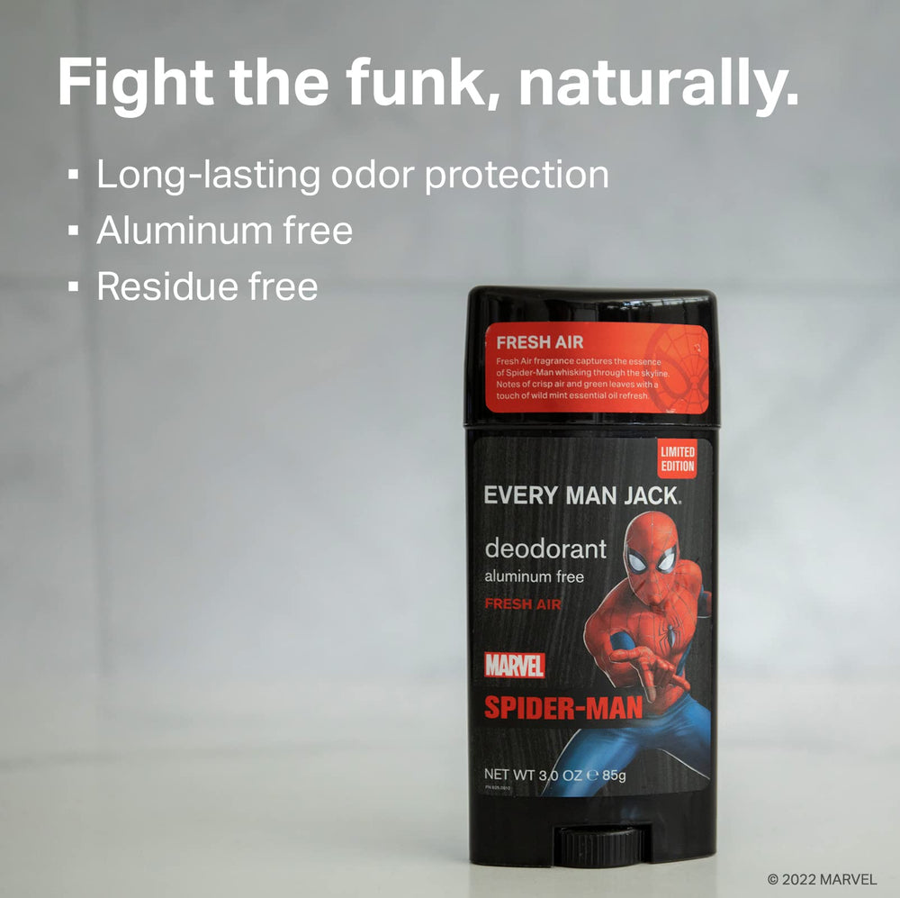 Every Man Jack Spider-Man Deodorant twin pack side view emphasizes compact 3 oz sticks for travel.
