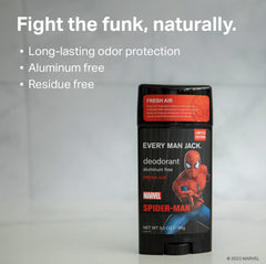 Every Man Jack Spider-Man Deodorant twin pack side view emphasizes compact 3 oz sticks for travel.