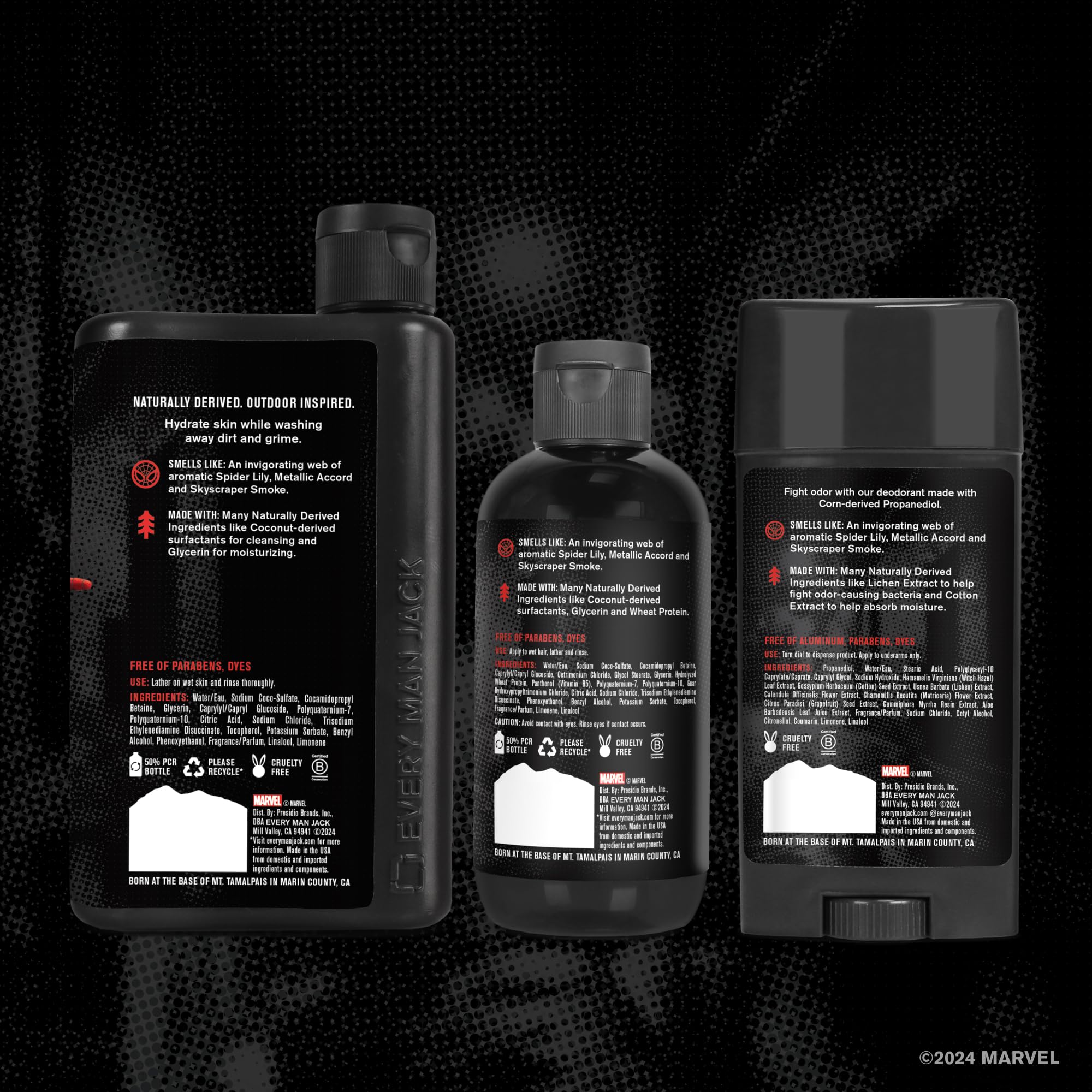 Every Man Jack Spider-Man metallic accord scent note close-up.