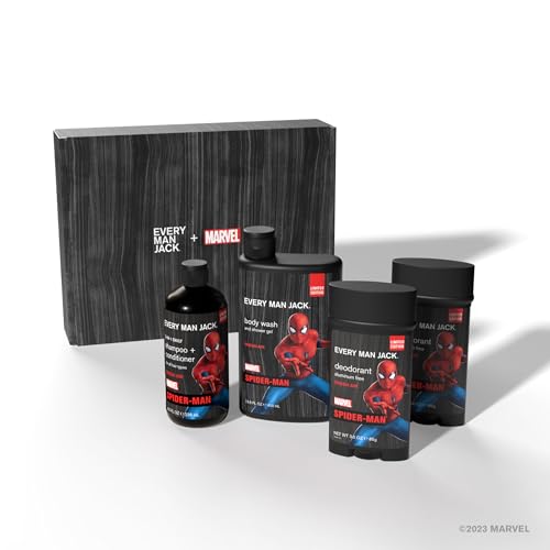 Every Man Jack Spider-Man packaging display on a store shelf.