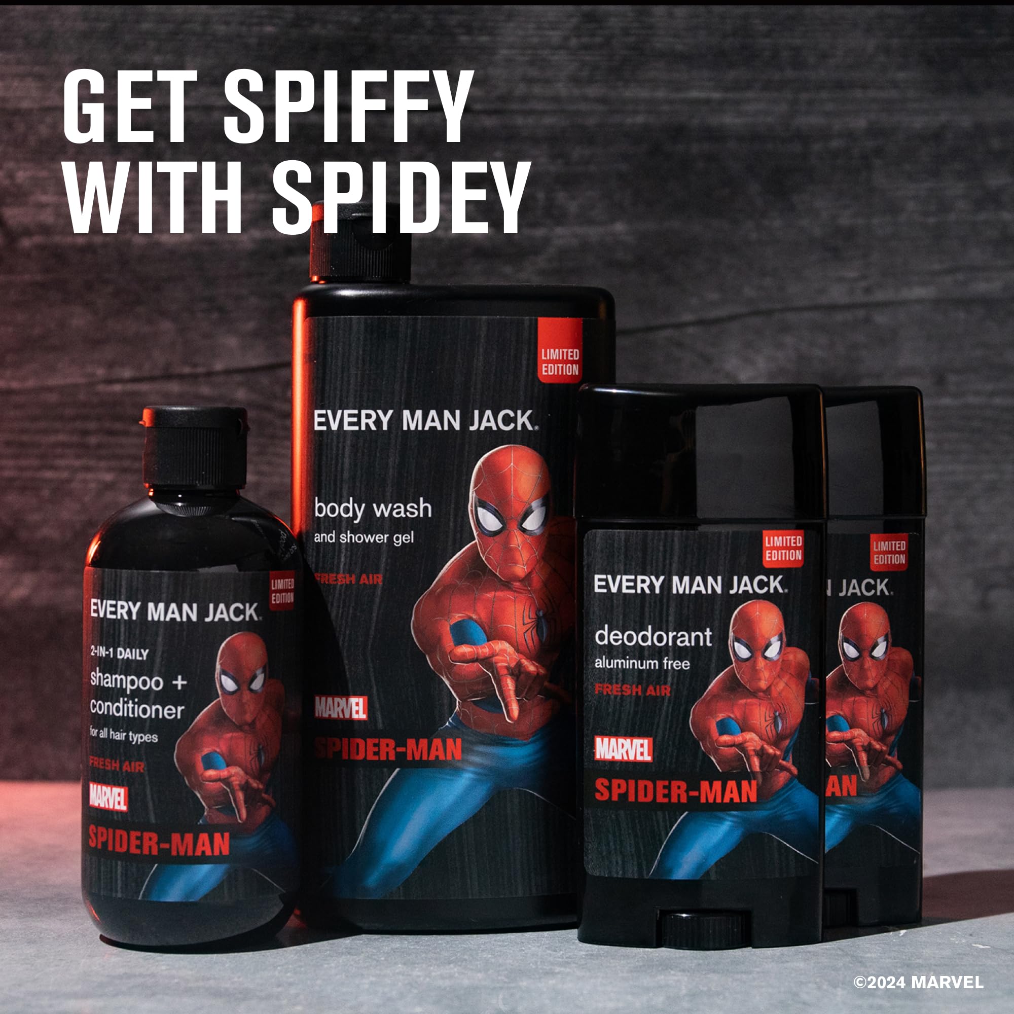 Every Man Jack Spider-Man urban herbs scent close-up for invigorating wash.