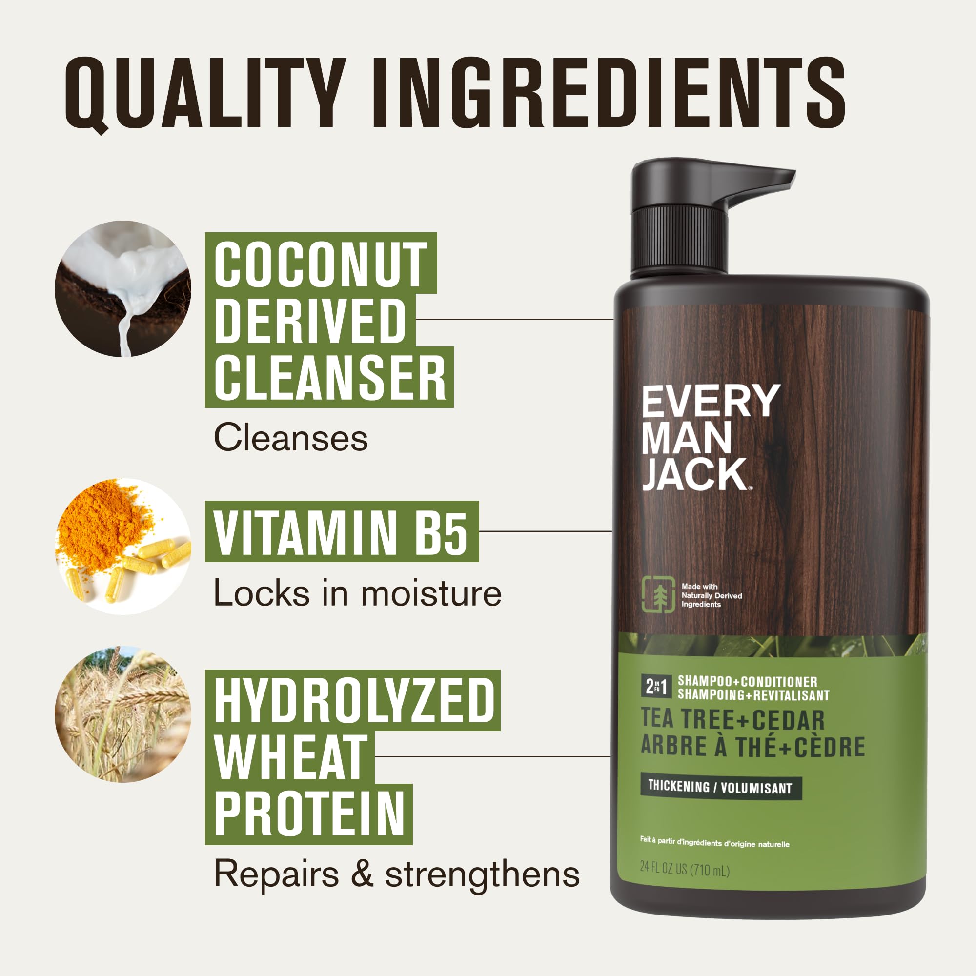 Every Man Jack Tea Tree Cedar hair closeup shows healthy shine after wash